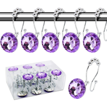 (Blue) 12PCS/Set Round colorful Transparent Rhinestones Metal Shower Curtain Hooks Rings Anti-Rust Glide Shower Hooks