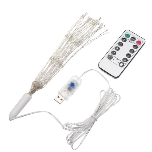 (Warm White) DC5V USB DIY Firework Starburst 120 LED Sliver Fairy String Light Remote Control Christmas Decor