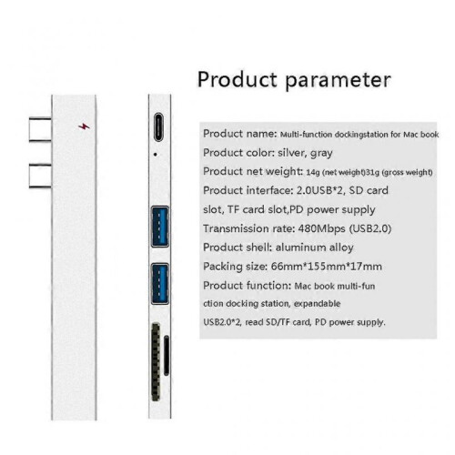 Dual Type-C Docking Station for Laptop USB2.0 Adapter SD/TF Card Reader 5 in 1 2