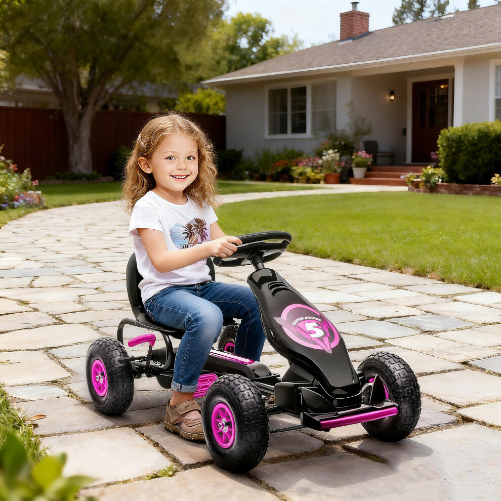 Homcom Children Pedal Go Kart W/ Adjustable Seat, Rubber Wheels, Brake - Pink