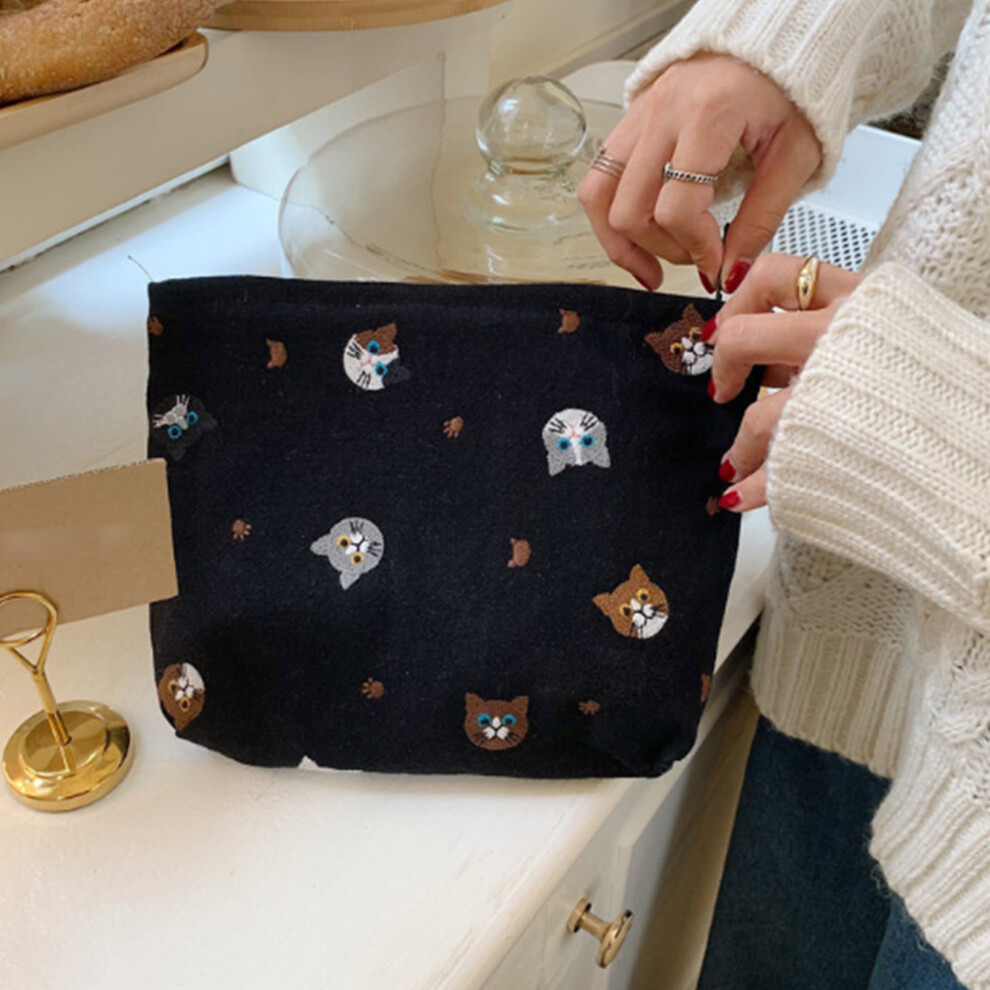 Portable Canvas Makeup Bag with Cat Embroidery - Black, Zipper Closure