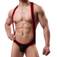 Sexy Underwear Men's Jockstrap Bodysuit Leotard Mankini Thong Stretchy Swimwear Black Size L