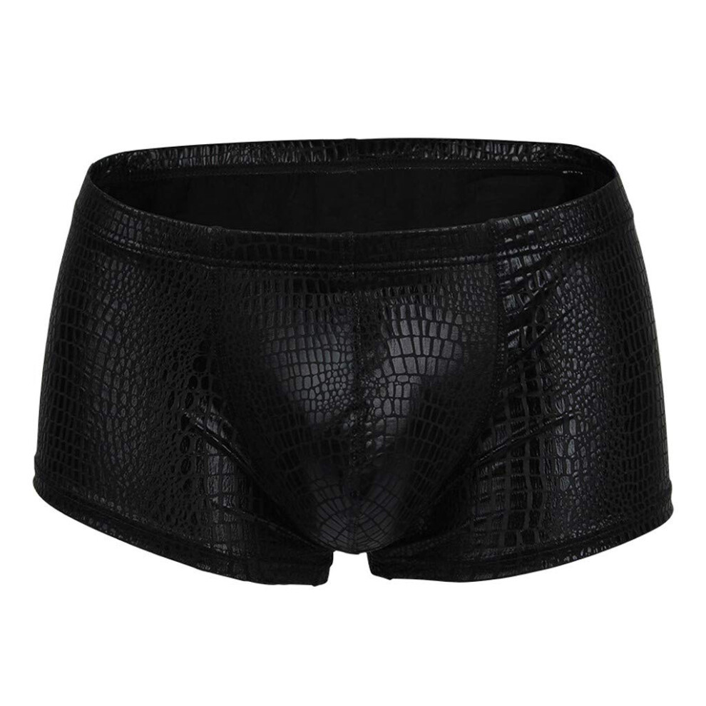 Men's Boxer Shorts Faux Leather Retro Briefs Wet Look Hipster Underwear Black L Size Erotic Lingerie Gifts