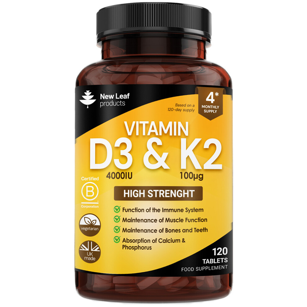 New Leaf Product Vitamin D3&K2 Tablets D3 4000Iu + Vitamin K2 100Âµg - 4 Months Supply