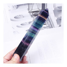 Natural Rainbow Fluorite Point Crystal Pillar, Hexagonal Pyramid Quartz Stick, 13-14cm Decorative DIY Gift