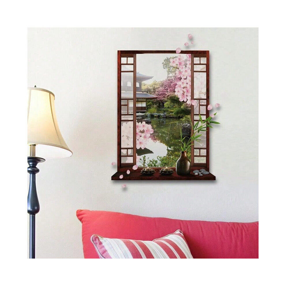 (068-1, 70x50cm) 3D Walls Art Garden View Vinyl Mural Stickers for Home Decoration Aesthetic Rooms Fake Occident Window Scenery Sakura Wallpaper-image-OPC-PJHCYKT-NEW