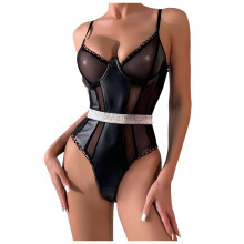 Dessous Set Damen Rot Leder Mesh Kunststoff Body Anzug Strumpfhalter Latex Größe C Schwarz L
