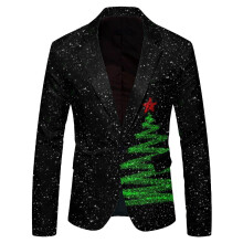 Christmas Jacket Men's Slim Fit Long Sleeve Blazer Coat with Festive Print for Parties and Weddings in Grey Color