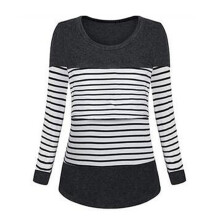 Damen Schwangerschafts-Shirts Rundhals Langarm Dehnbare Still-Shirts Gestreifte Tops für Schnelles Stillen Schwarz XL