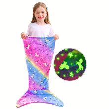 (Colorful Mermaid, 20inch*40inch(50cm*100cm)) Glow-in-the-Dark Mermaid Tail Blanket - Soft Flannel Wearable Plush for Girls, Teens & Adults - Perfect for All Seasons