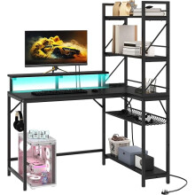 L Shaped Gaming Desk with Power Outlets,LED Lights Corner Desk with Shelves 106CM with Storage Shelves Gaming Desk with Hooks
