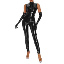 Shiny Women's PU Body Catsuit with Zipper Black XL Fashionable Clubwear Lingerie Outfit