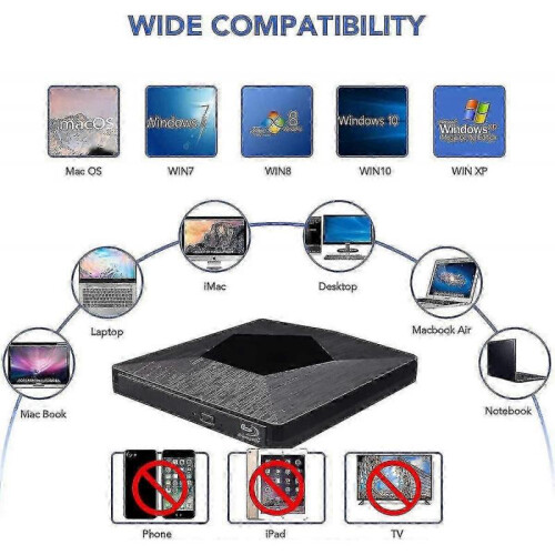 Blu Ray External 3d Drive Reader, Ultra Slim Usb 3.0 And Type-c Blu Ray Optical Cd Dvd Drive for Mac Os, Windows Xp/7/8/10, Laptop Pc (black) 2