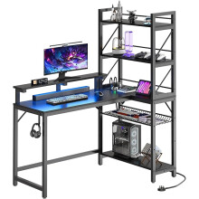 L Shaped Gaming Desk with Power Outlets,LED Lights Corner Desk with Shelves 106CM with Storage Shelves Gaming Desk with Hooks