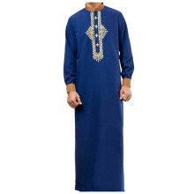 Men's Muslim Dresses XL Blue Embroidered Abaya Ethnic Tunic Retro Kandoura Islamic Clothing Loose Fit Robe
