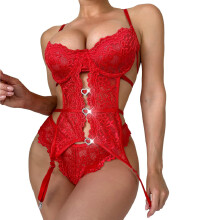Ladies' Strap Lingerie Set, 2-piece Bra and Panty Set, Lace, Patent, Size L, D-Red