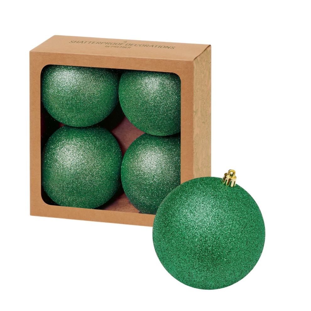 Premier 4 Large Christmas Baubles 10Cm Hanging Glitter Tree Decoration Green