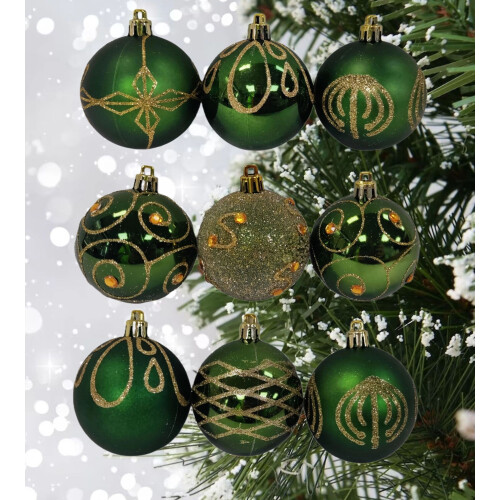 9 Decorated Dark Green Christmas Tree Baubles Hanging Ornaments 6cm