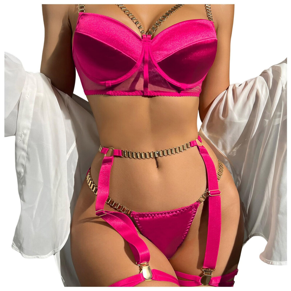 Tights Lingerie Underwear Set for Women, Lace, Hot Pink, M, Transparent Belt, Bra, Steel Ring, Garter Belt, Latex-image-OPC-PJHDGJM-NEW