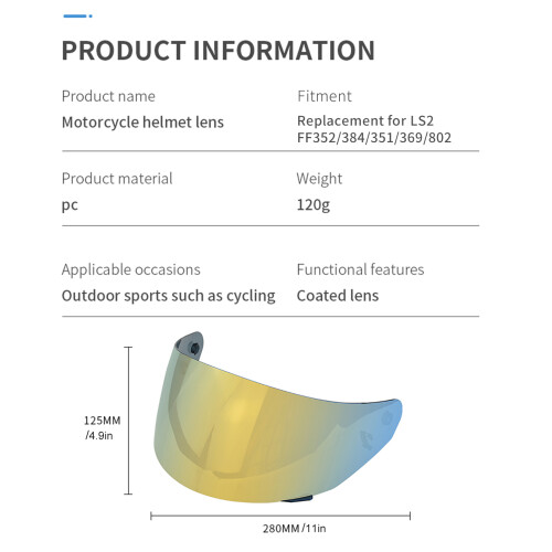 Helmet Visor Replacement for LS2 FF352/384/351/369/802, PC, 28cm x 12.5cm 1