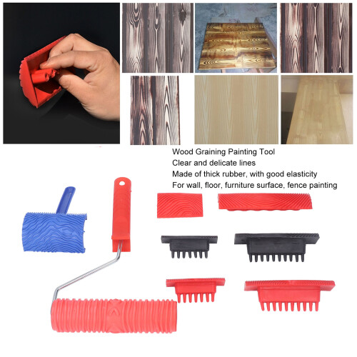 DIY Wood Pattern Texturing Roller with Handle Rubber Wood Finish Painting Tool 2