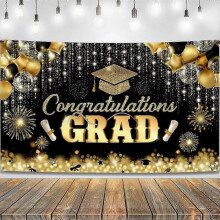 Congratulations Grad Banner, 72x44 Inch Glitter Black and Gold Graduation Backdrop, Graduation Decorations Class of 2024