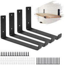Pack of 4 Heavy Duty Black L-Shape Shelf Brackets, 20 cm Wall Mount Floating Shelf Hardware with Screws and Anchors