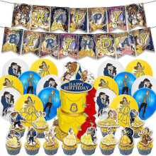 Beauty and the Beast Cartoon Fairy Tale Theme Children's Birthday Party Decoration Balloon Banner Cake Decoration Set Party Supplies Kit Party Favors