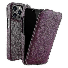 (iPhone 14 Pro, Purple) MELKCO For iPhone 14 Pro Litchi Texture Phone Case Genuine Cow Leather+PC Vertical Flip Cover-Black