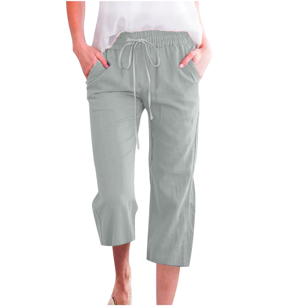 Capri Trousers Women's Lightweight Linen Casual Summer Trousers 3/4 Culotte Mint Green Size L with Pockets-image-OPC-PJHG22D-NEW