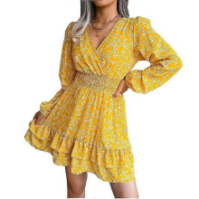 (S,yellow)2024 new spring and summer women's clothing sexy casual floral chiffon dress female