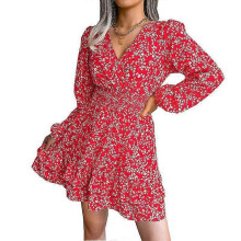 (XL,red)2024 new spring and summer women's clothing sexy casual floral chiffon dress female