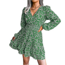 (XL,green)2024 new spring and summer women's clothing sexy casual floral chiffon dress female