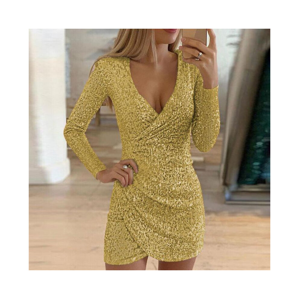 (Yellow, L) Women Christmas Sequin Bodycon Dress Ladies Evening Party Ball Mini Dresses Gown