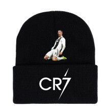 (StyleE) Knitted Cristiano Ronaldo Black Cap Cr7 Printed Hat Warm Daily Gifts Wear Fans