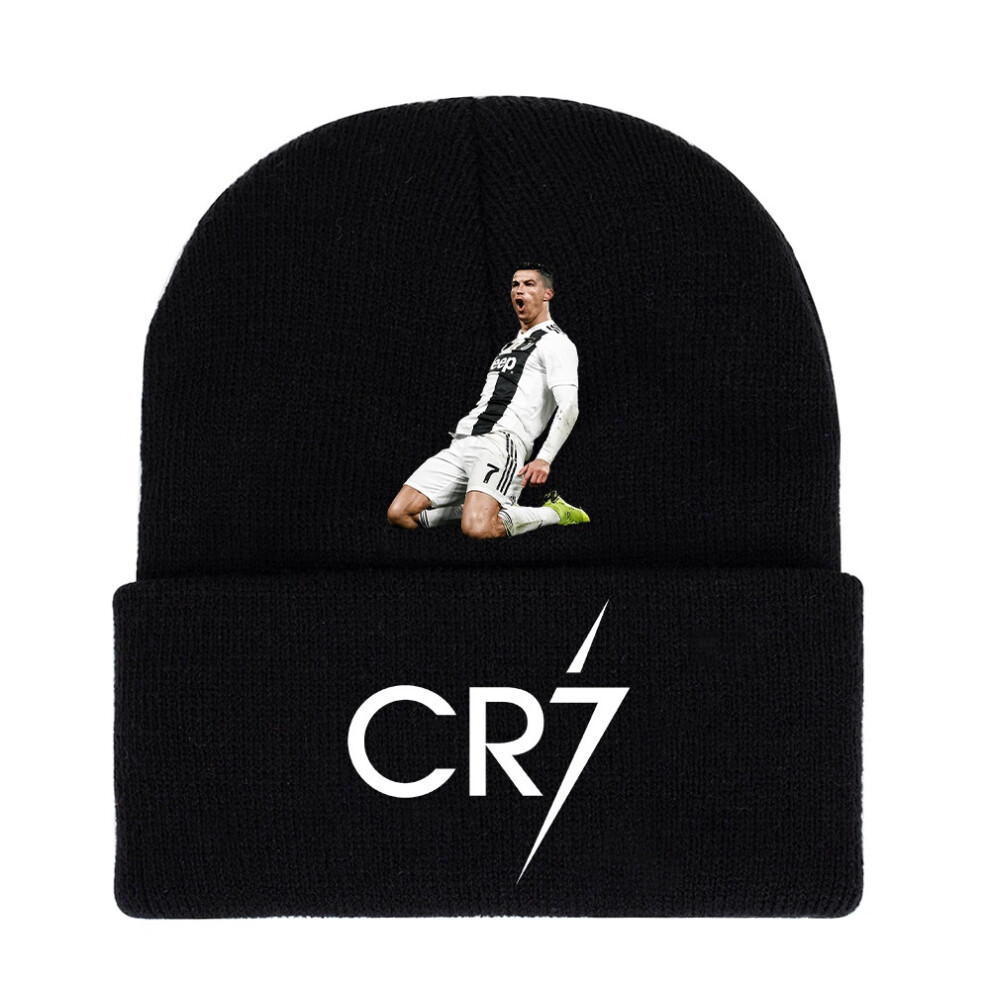 (Stylee) Knitted Cristiano Ronaldo Cap Cr7 Printed Hat Warm Daily Gifts Wear Fans Black