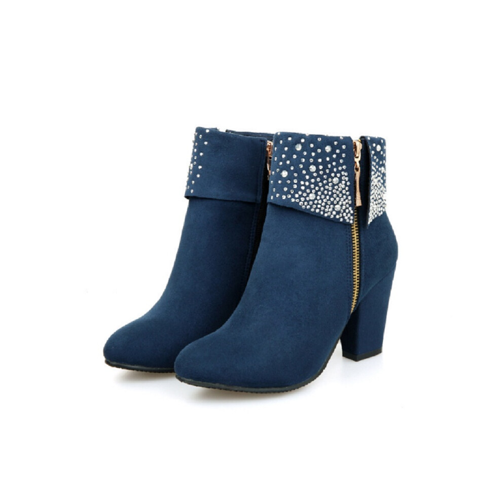 (Blue,41)Bottes en cuir femme mode automne hiver strass fermeture éclair épaisse bottes Martin