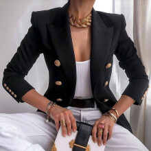 (Black, L) Womens Doublebreasted Blazer Coat Long Sleeve Lapel Formal Jacket Outwear Slim