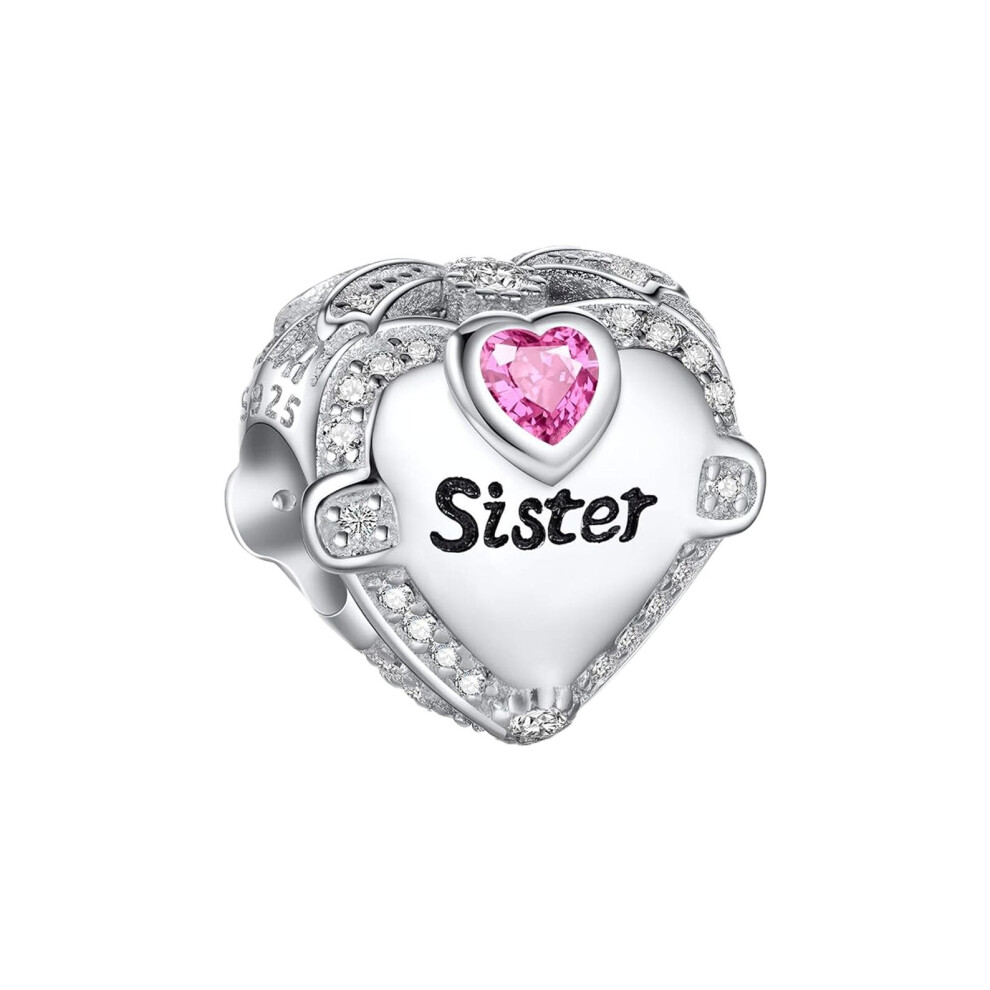 Sister Heart pink stone bead charm sterling silver for women bracelet