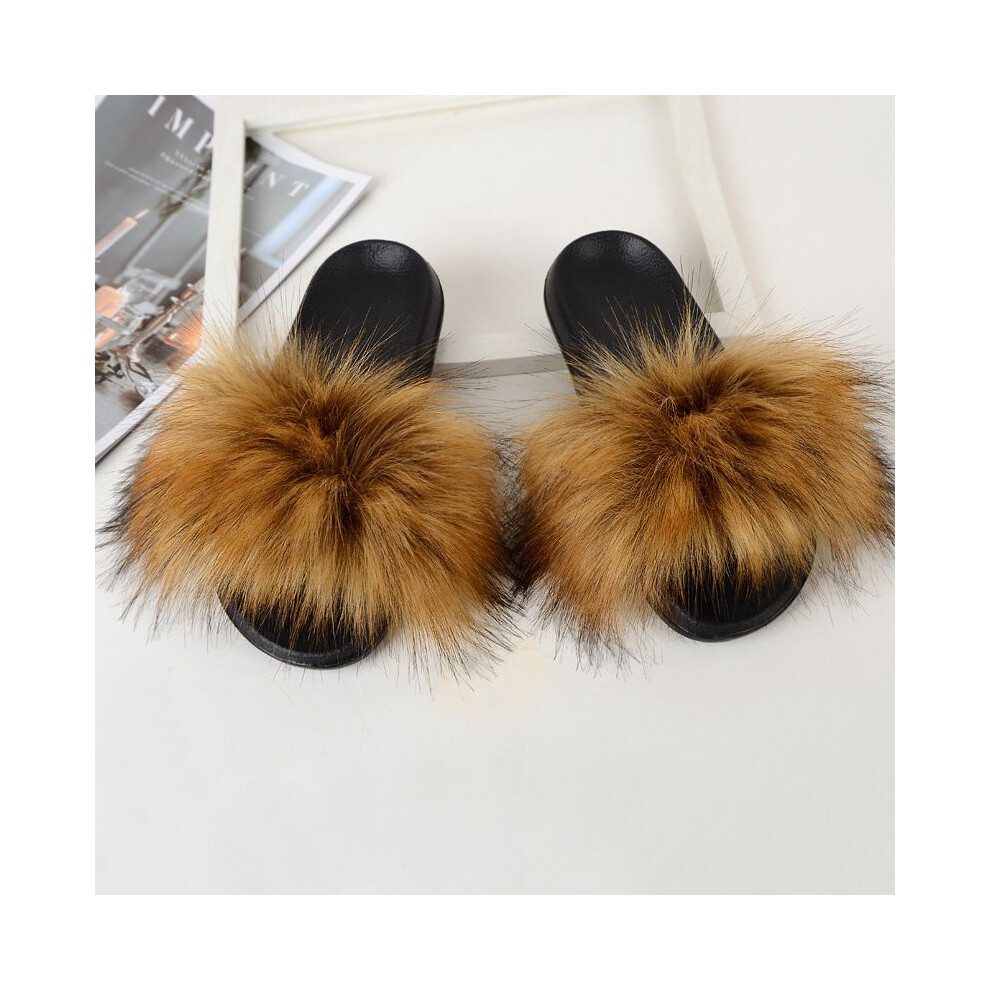 (Brown, EU44-EU45) Women Faux Fur Slippers Soft Fluffy Sandals Girls Home Outdoor Flops Flip Slides-image-OPC-PJHHQFG-NEW