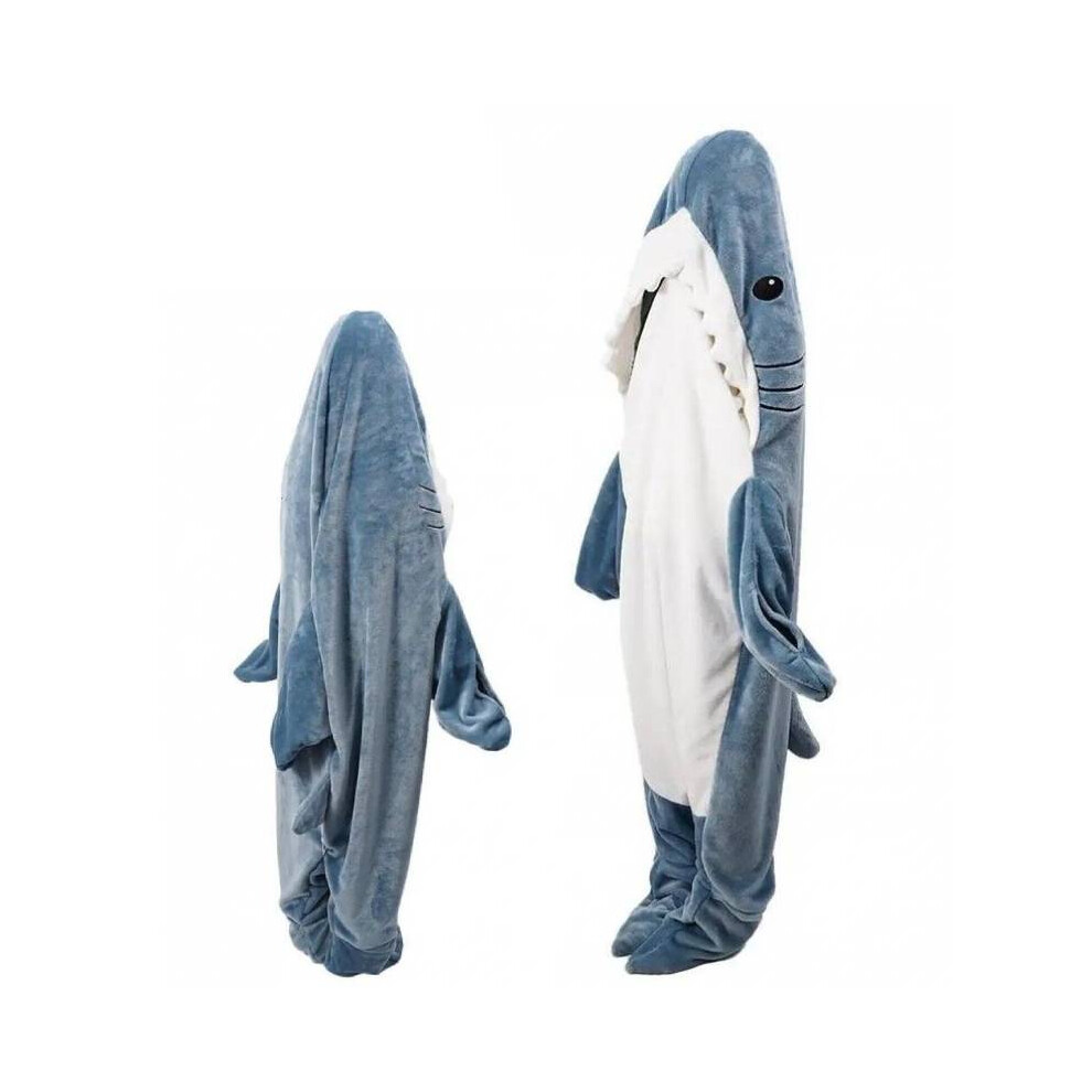 (Blue gray, 210cm/82.68in) Blanket Shark Hoodie Super Soft Cozy Flannel Wearable Blanket Bag Sleeping