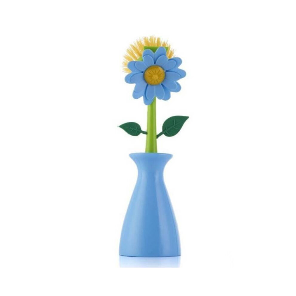 (Blue)Brosse à Poêle à Manche Longue Fleur Rangement Bouteille Nettoyant Créativité Outil Décoration