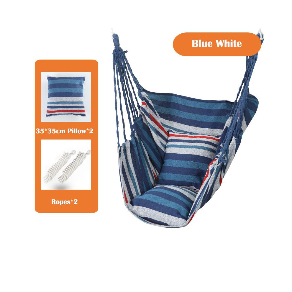 (BlueWhite Chair + 2 x Pillow)Chaise suspendue corde hamac balançoire porche extérieur patio cour siège avec 2 oreillers