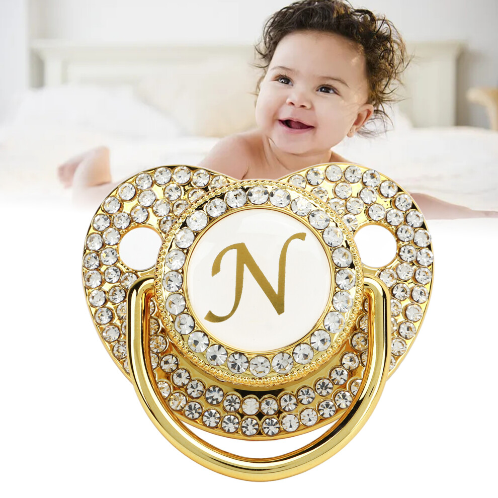 Baby Bling Pacifier Clip With Dust Cover For 6-18 Months, Letter N Golden