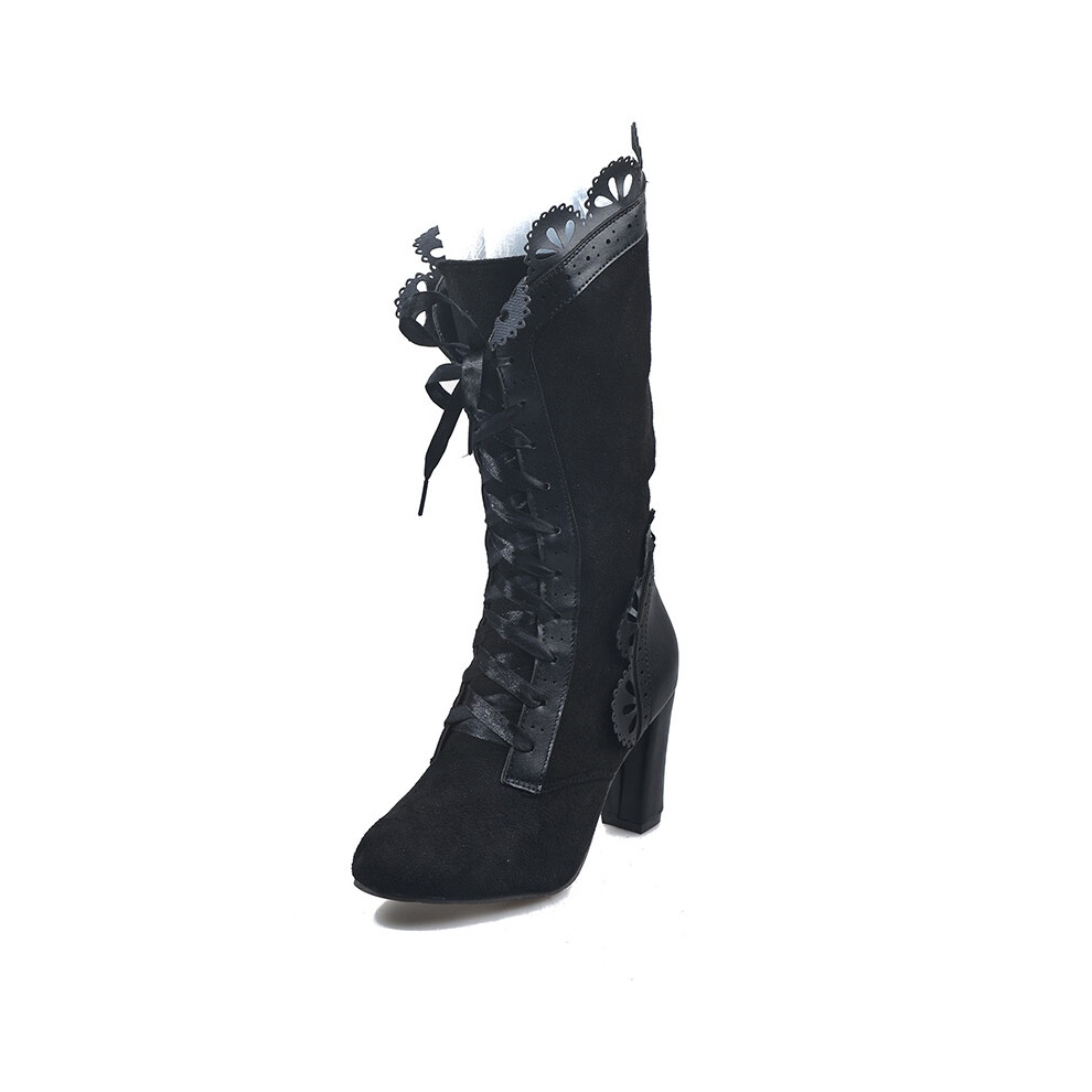 (Black,EU39)Bottes à feuilles pour femmes avec talon bouclé vigne genou haut steampunk cosplay bottes gothiques