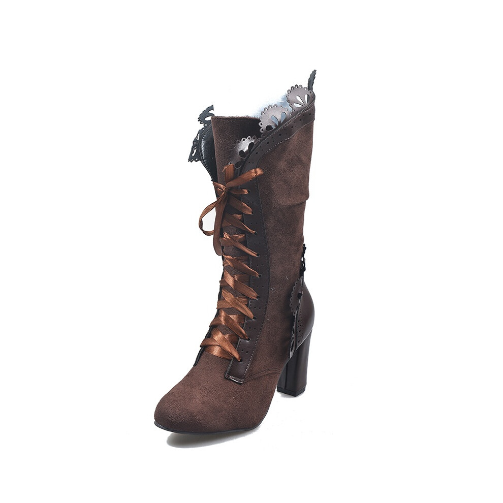 (Brown,EU37)Bottes à feuilles pour femmes avec talon bouclé vigne genou haut steampunk cosplay bottes gothiques