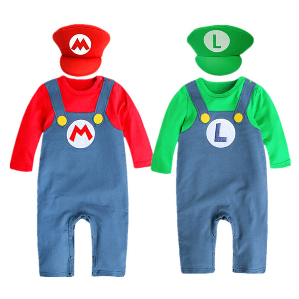 Photos - Fancy Dress  (Red, 18-24M) Halloween Toddler Super Mario Bros Crawling Suit Romper Jumpsuit Cosplay Costume with Hat Green,(Green, 3-9M)