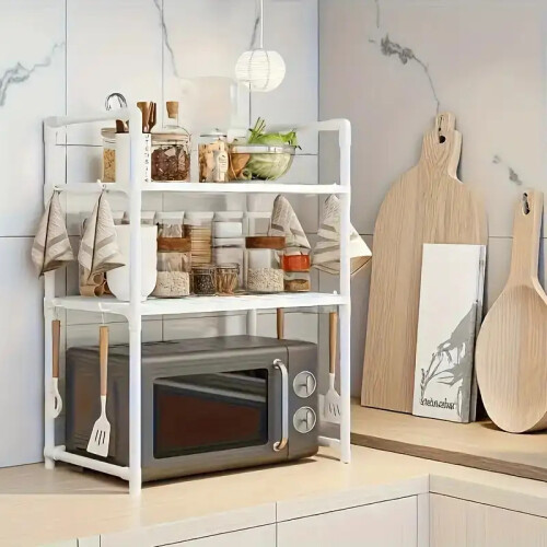 (White, 905 on the second floor) Y905 Heavy-Duty Expandable Microwave Oven Shelf with 6 Hooks, Easy Assembly, Kitchen Storage Solution| Modern Kitchen Accessory