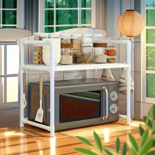 (White, Floor 905) Y905 Heavy-Duty Expandable Microwave Oven Shelf with 6 Hooks, Easy Assembly, Kitchen Storage Solution| Modern Kitchen Accessory