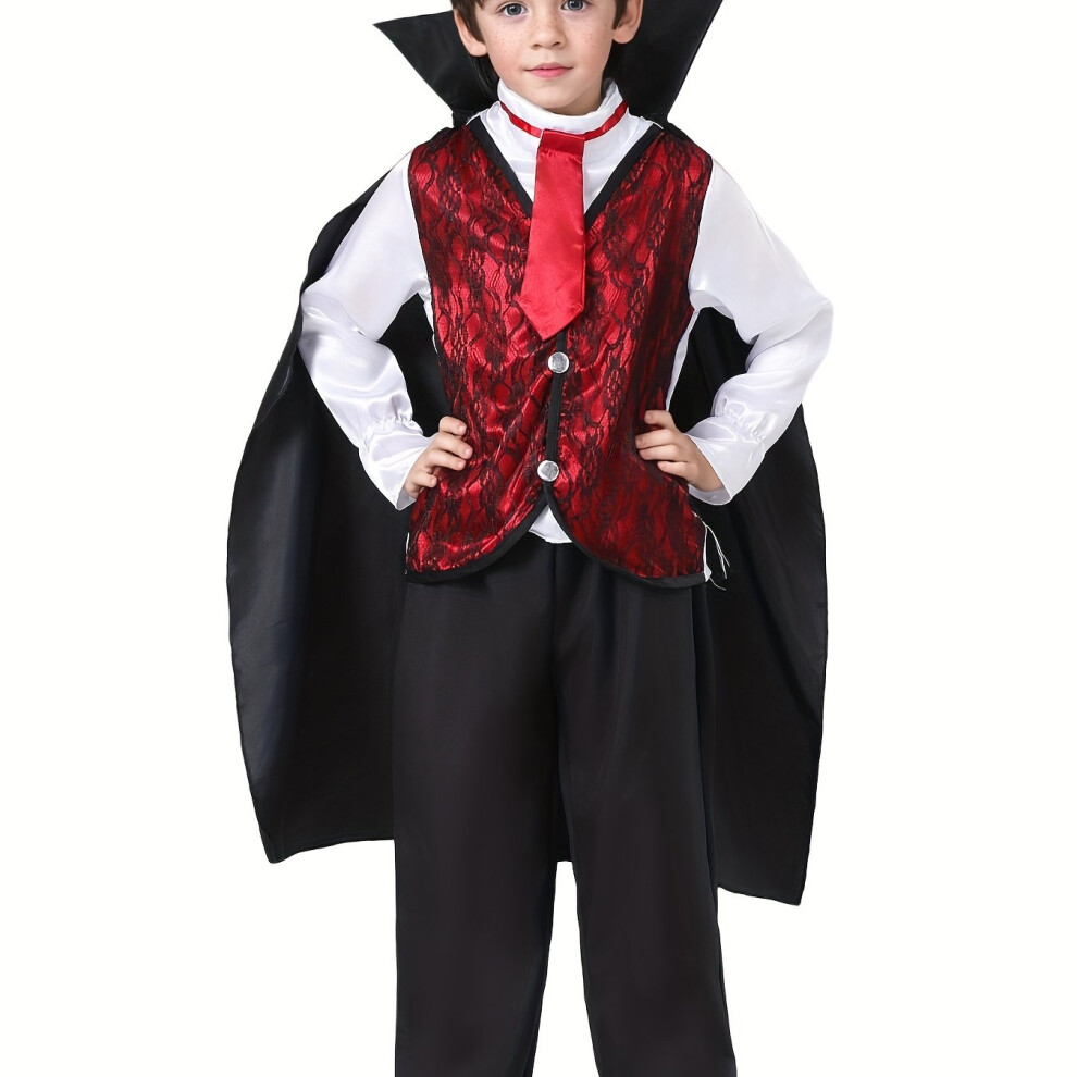 Photos - Fancy Dress  Boy Dark Vampire Dracula Role Playing Set, Children's Halloween Carnival Party Stage Performance Dress Up C(Deep Red, 7-8Y)